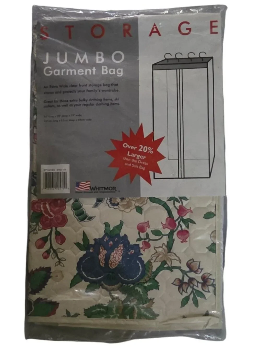 Vintage NOS MCM Whitmor Jumbo Quilted Storage Floral Garment Bag 54